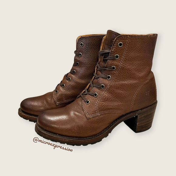 $415 Frye Sabrina 6G Cognac Brown Leather Laced Combat Chunky Heeled Ankle Boots - Picture 11 of 15